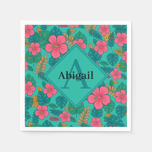 Tropical Hibiscus and Palm Leaf Pattern  Napkin (Front)