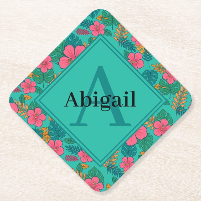 Tropical Hibiscus and Palm Leaf Pattern  Paper Coaster (Front)