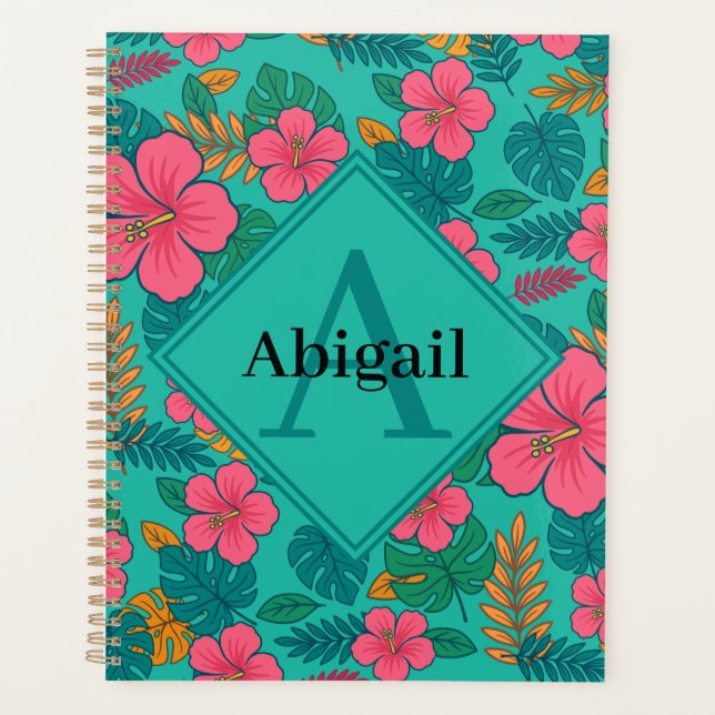 Tropical Hibiscus and Palm Leaf Pattern  Planner (Front)