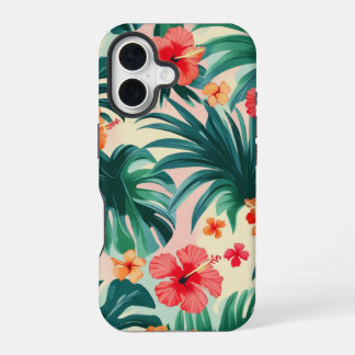 Tropical Hibiscus and Palm Leaves Pattern iPhone 16 Case