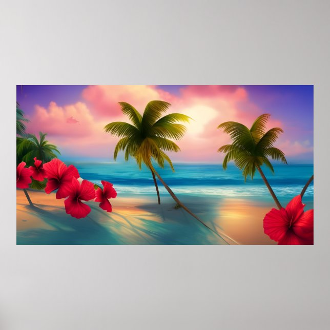 Tropical hibiscus Beach moonlight ocean palms  Poster (Front)