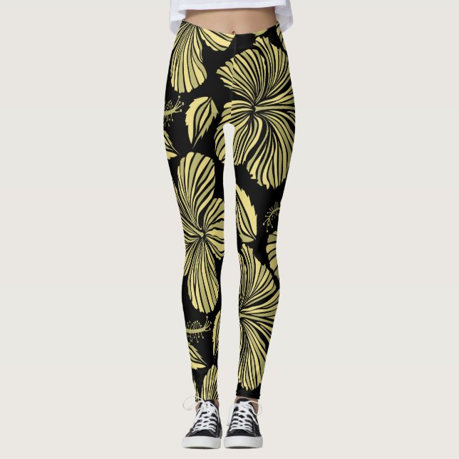 Tropical Hibiscus: Black-Yellow Vintage Flowers. Leggings (Front)