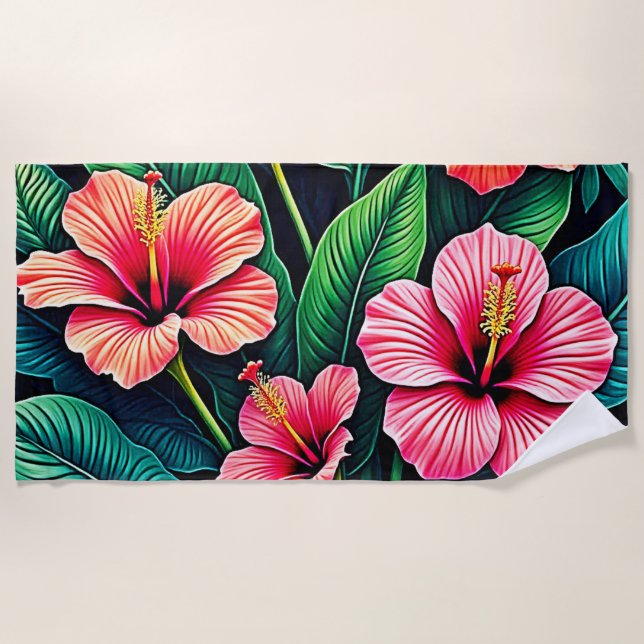 Tropical Hibiscus Bloom Artistry Beach Towel (Front)
