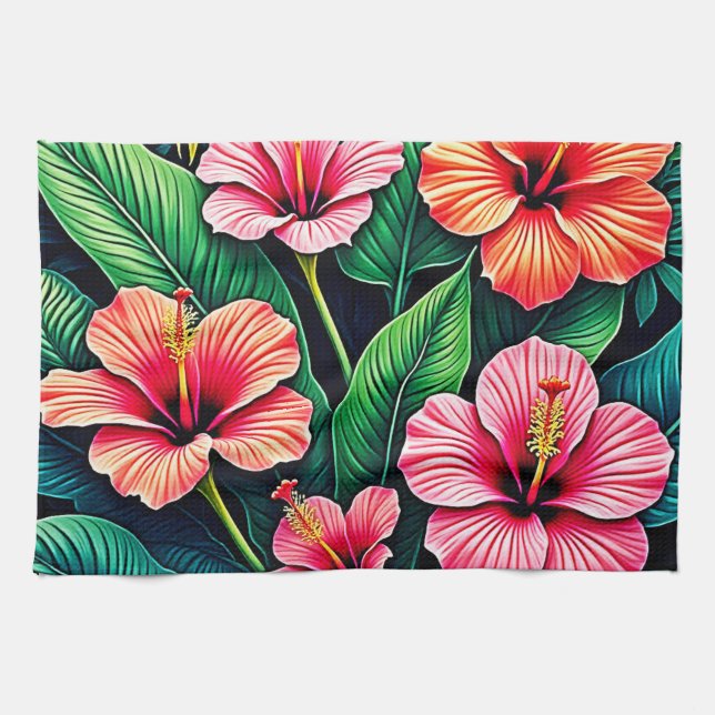 Tropical Hibiscus Bloom Artistry Tea Towel (Horizontal)