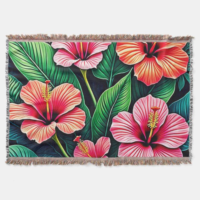 Tropical Hibiscus Bloom Artistry Throw Blanket (Front)