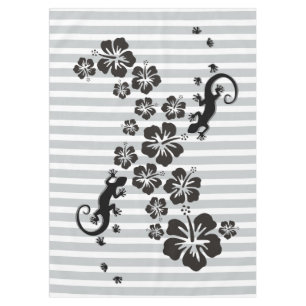 Tropical Hibiscus blooms & geckos black + backgr Tablecloth