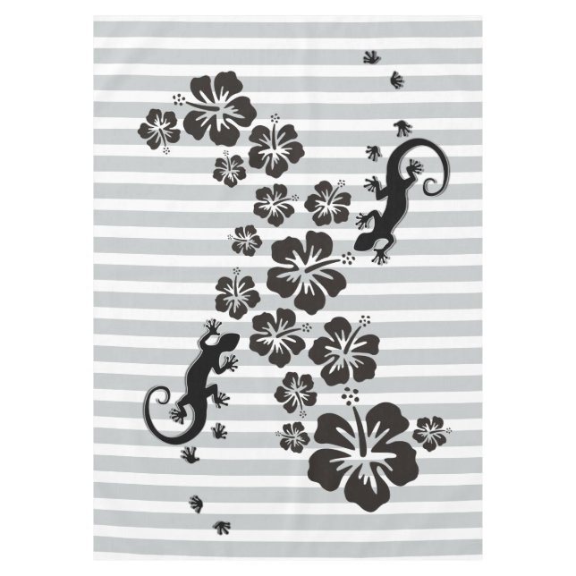 Tropical Hibiscus blooms & geckos black + backgr Tablecloth (Front)