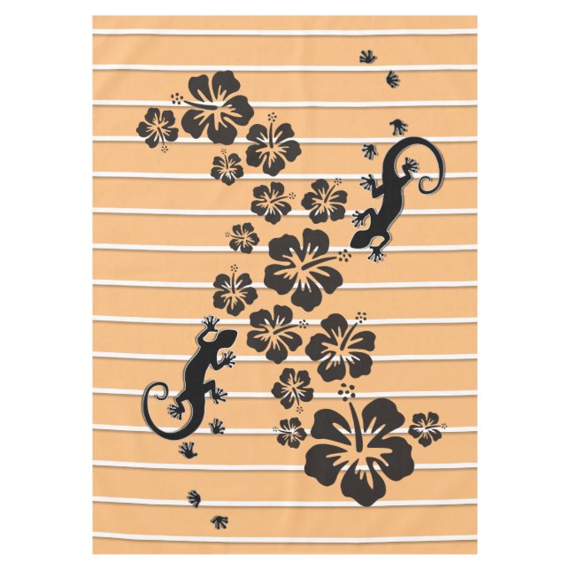 Tropical Hibiscus blooms & geckos black + backgr Tablecloth (Front)
