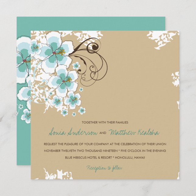 Tropical Hibiscus Blue Luau Beach Wedding Invite (Front/Back)