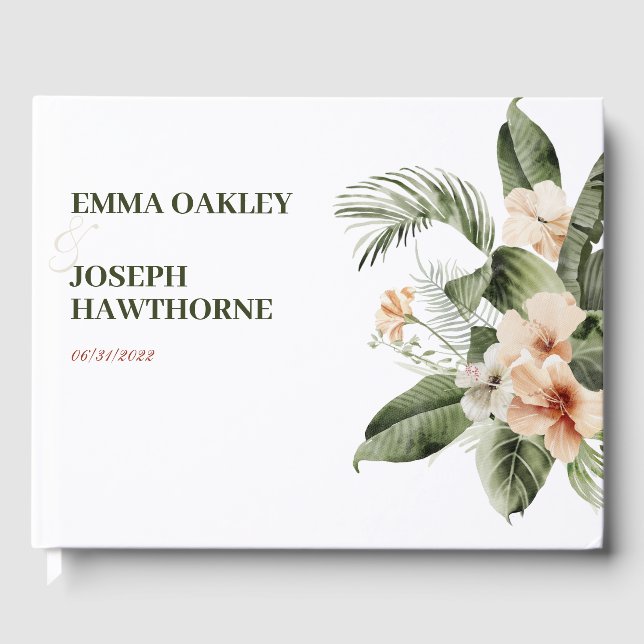 Tropical hibiscus boho pastel Wedding Guest Book (Front)