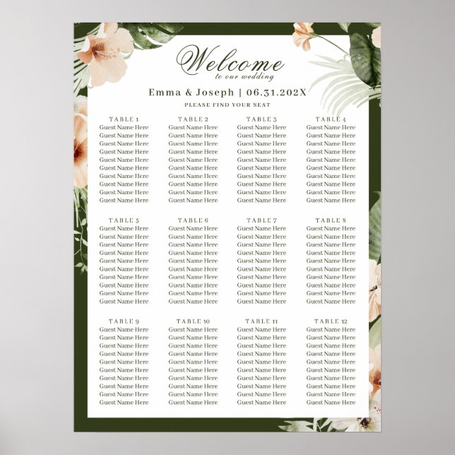 Tropical hibiscus boho pastel Wedding Seating Poster (Front)