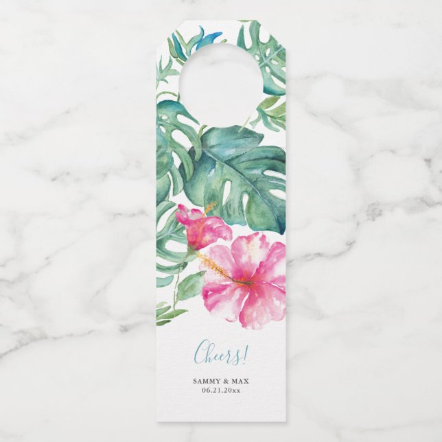 Tropical Hibiscus Cheers Wedding Wine Labels Bottle Tag (Front)