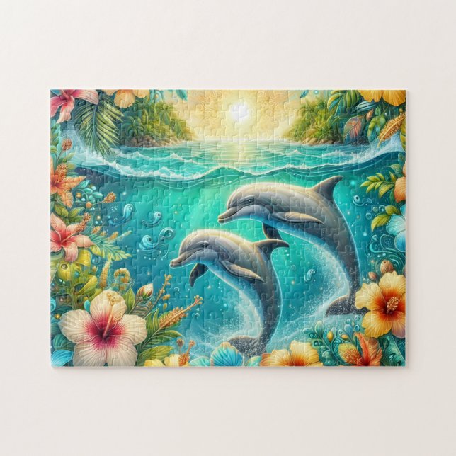 Tropical Hibiscus Dolphins Jigsaw Puzzle (Horizontal)