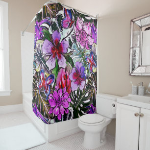 Tropical HIbiscus Exotic Jungle Flowers Shower Curtain