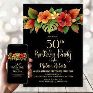 Tropical Hibiscus Floral Black 50th Birthday Party Invitation
