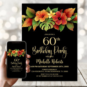 Tropical Hibiscus Floral Black 60th Birthday Party Invitation