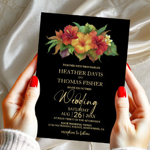 Tropical Hibiscus Floral Black Wedding Invitation