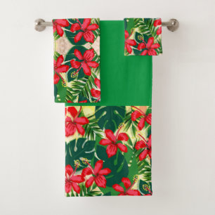 Tropical hibiscus floral bright art modern bath towel set