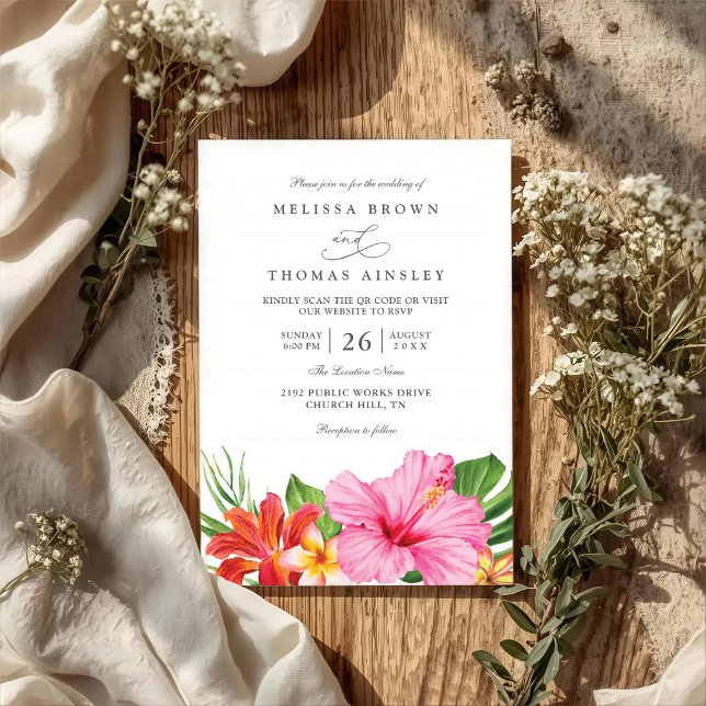 Tropical Hibiscus Floral Elegant QR Code Wedding Invitation (Creator Uploaded)