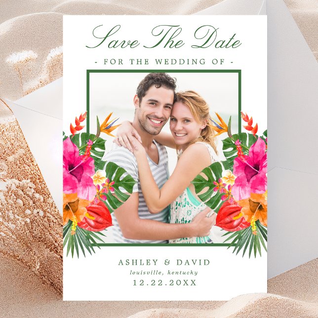 Tropical Hibiscus Floral Palm Leaves Save The Date (Creator Uploaded)