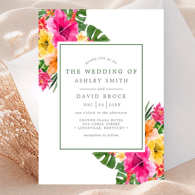 Tropical Hibiscus Floral Palm Leaves Wedding Invitation (Creator Uploaded)
