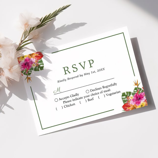 Tropical Hibiscus Floral Palm Leaves Wedding RSVP (Creator Uploaded)