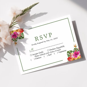 Tropical Hibiscus Floral Palm Leaves Wedding RSVP Card