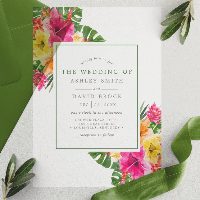Tropical Hibiscus Floral Palm Leaves Wedding Vellum Invitations (Creator Uploaded)