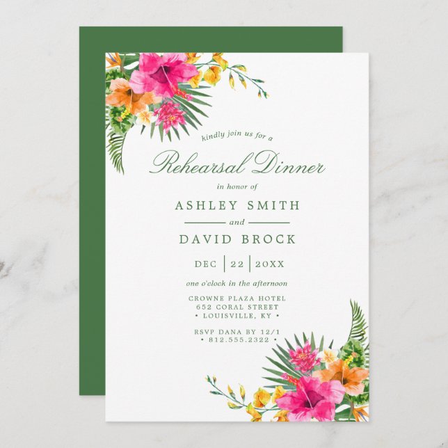 Tropical Hibiscus Floral Palms Rehearsal Dinner Invitation (Front/Back)