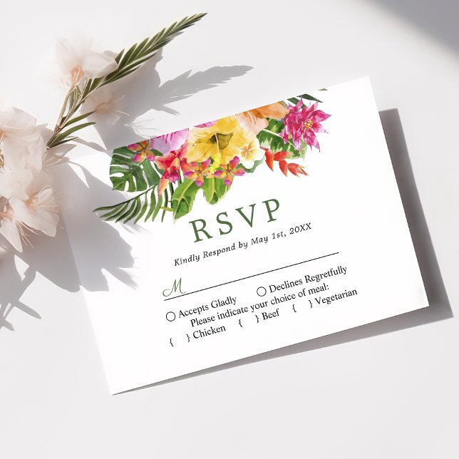Tropical Hibiscus Floral Palms Wedding RSVP Card (Creator Uploaded)