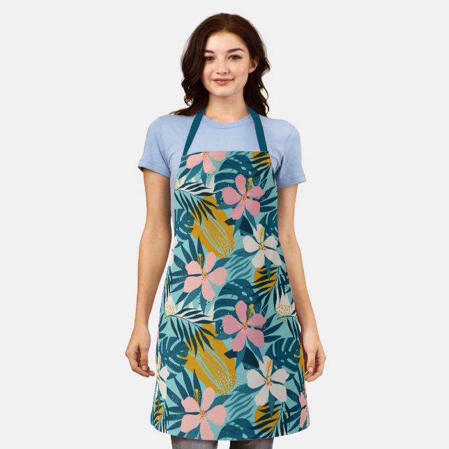 Tropical Hibiscus Floral Pattern Apron (Worn)