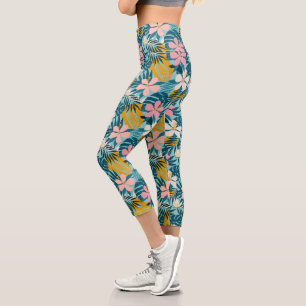 Tropical Hibiscus Floral Pattern Capri Leggings