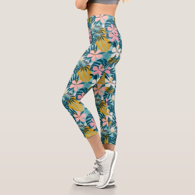 Tropical Hibiscus Floral Pattern Capri Leggings (Left)