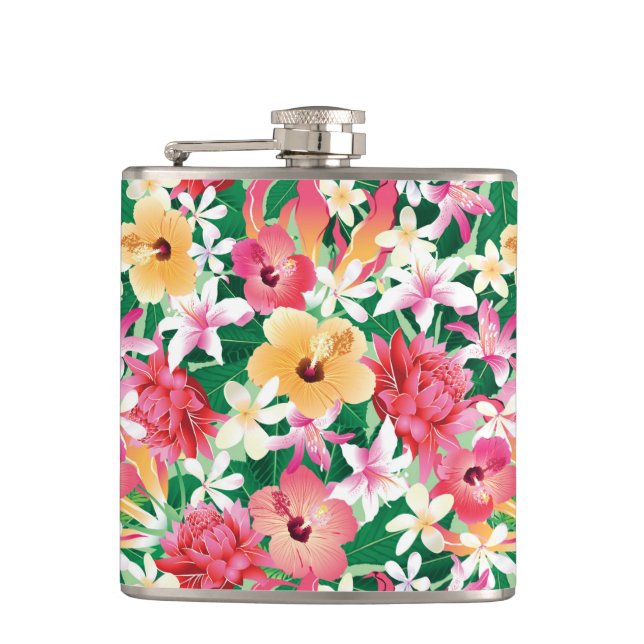 Tropical Hibiscus Floral Pattern Hip Flask (Front)