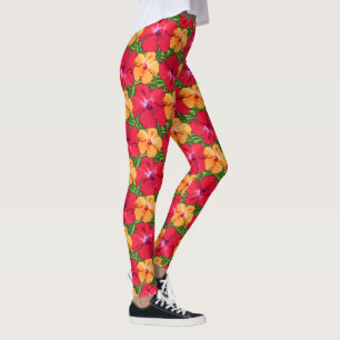 Tropical Hibiscus Floral Pattern in Red and Orange Leggings