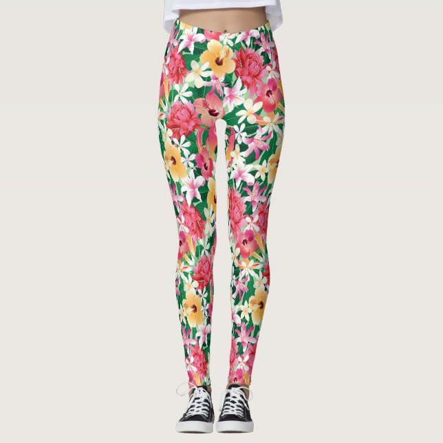 Tropical Hibiscus Floral Pattern Leggings (Front)