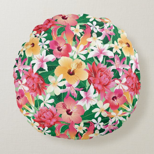 Tropical Hibiscus Floral Pattern Round Cushion (Front)