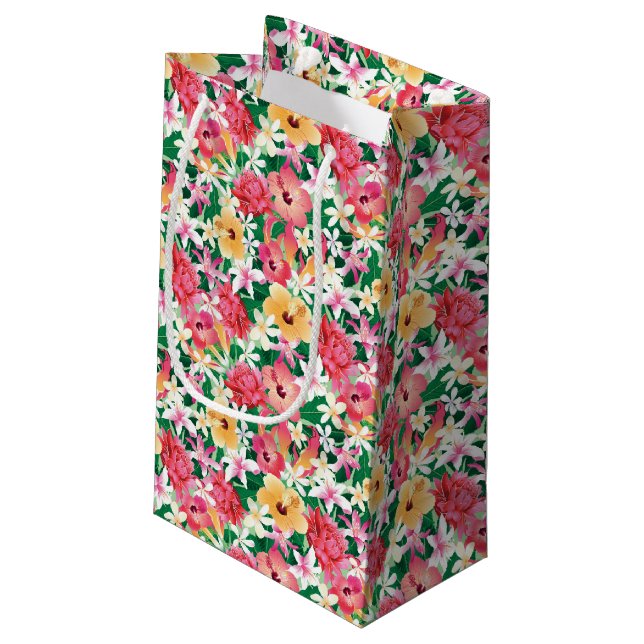 Tropical Hibiscus Floral Pattern Small Gift Bag (Back Angled)