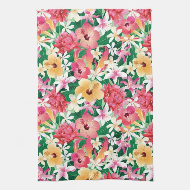 Tropical Hibiscus Floral Pattern Tea Towel (Vertical)