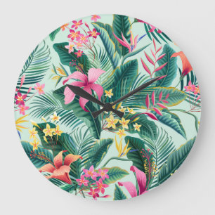 Tropical Hibiscus: Floral Seamless Pattern Large Clock