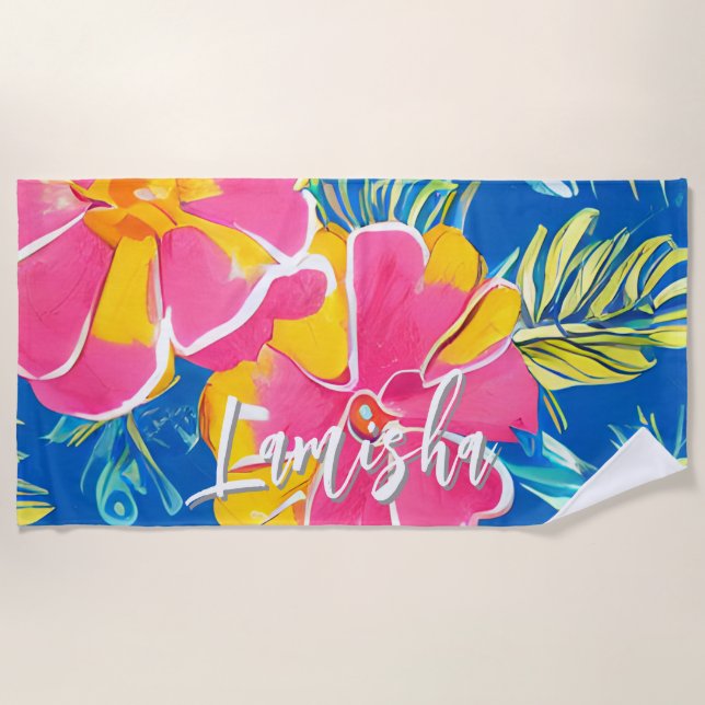 Tropical Hibiscus Floral Summer Pattern Beach  Towel (Front)