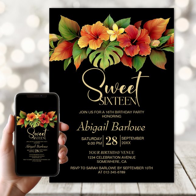 Tropical Hibiscus Floral Sweet 16 Birthday Party Invitation (Creator Uploaded)
