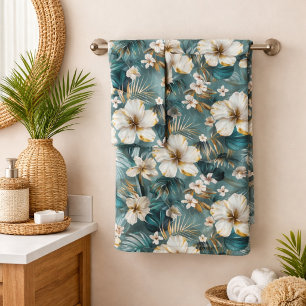 Tropical Hibiscus Floral Teal Bath Towel Set