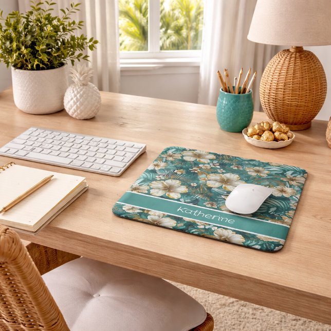 Tropical Hibiscus Floral Teal Mouse Pad (Creator Uploaded)