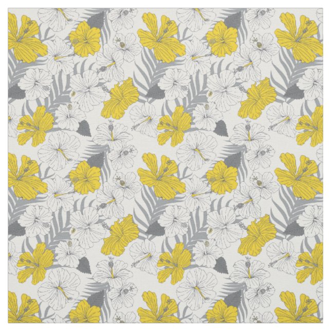 Tropical Hibiscus Floral Yellow and Grey Patterned Fabric (Swatch)
