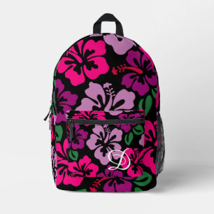 tropical hibiscus flower hawaii pink black floral printed backpack