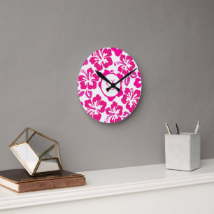tropical hibiscus flower hawaii pink floral round clock