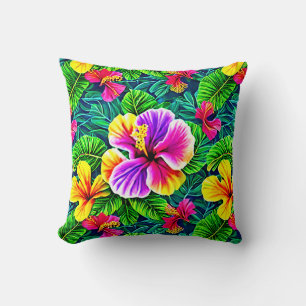 Tropical Hibiscus Flower Jungle Leaf  Cushion