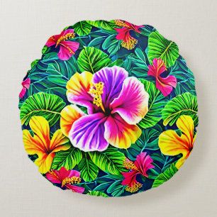 Tropical Hibiscus Flower Jungle Leaf Round Cushion