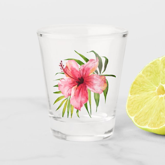 Tropical Hibiscus Flower Palm Luau Party Shot Glass (Front)